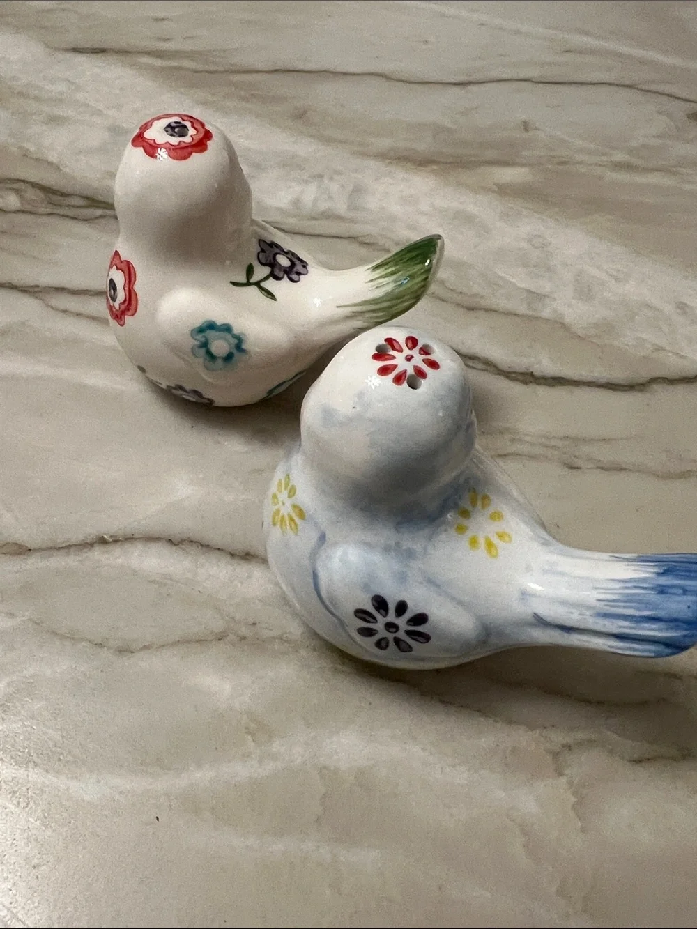 Charming Birds Salt & Pepper Shakers: Hand-Painted Ceramic Florals on Birds
